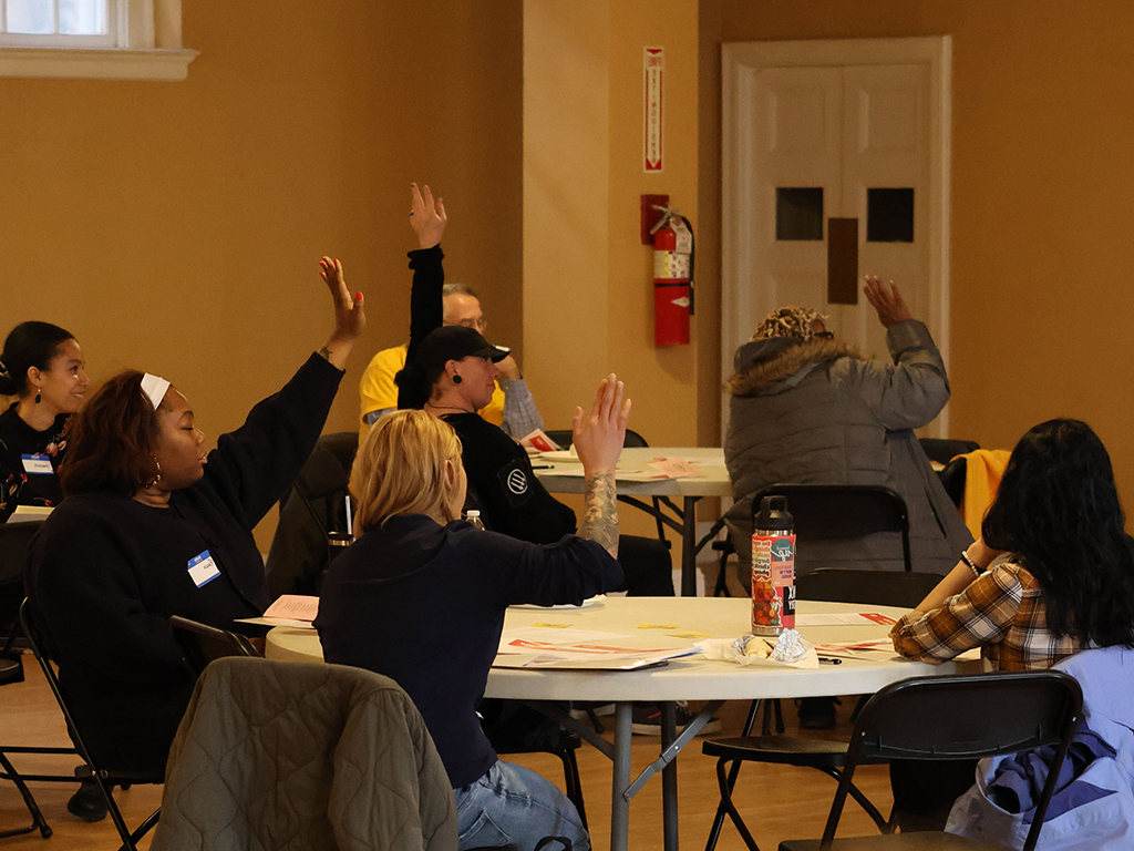 Photo of activists raising hands during presentation